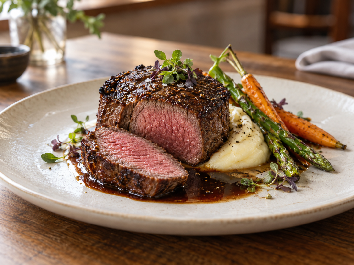 Medium-rare eye fillet with potato purée, roasted carrots, asparagus and jus
